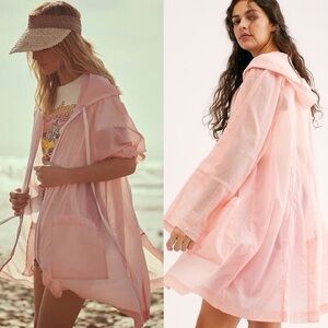 Free People Callie Poncho Sheer Hooded Raincoat Pink/Peach Size XS